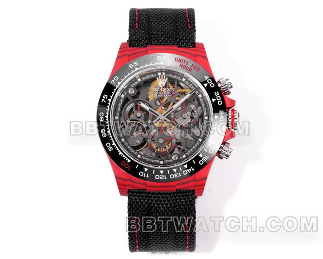 顶级复刻手表TW厂劳力士迪通拿黑盘红壳黑色尼龙表带正面实拍图