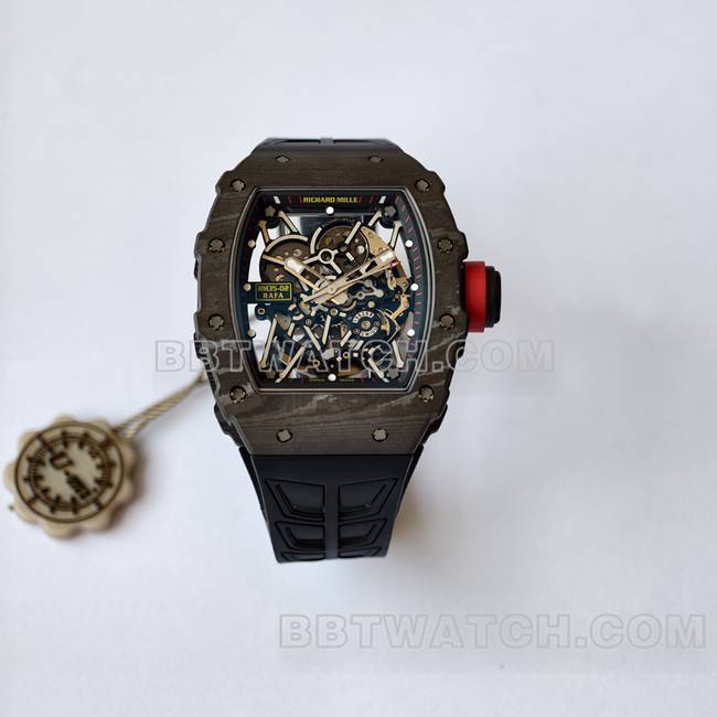 Beste Replik Uhren RM35-02 UMI Fabrik Richard Mille schwarzes Gehäuse schwarzer Gürtel vorne echtes Bild