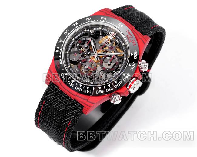 顶级复刻手表TW厂劳力士迪通拿黑盘红壳黑色尼龙表带正面实拍图