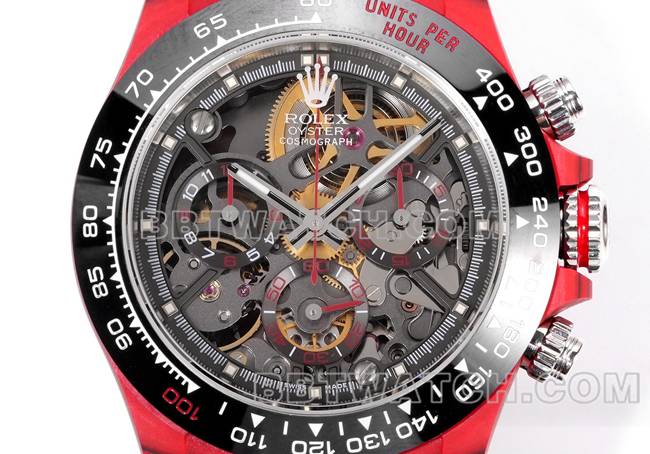 顶级复刻手表TW厂劳力士迪通拿黑盘红壳黑色尼龙表带正面实拍图