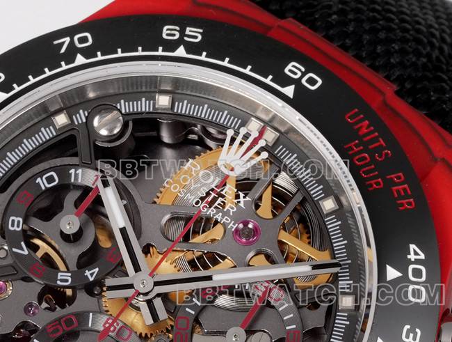 顶级复刻手表TW厂劳力士迪通拿黑盘红壳黑色尼龙表带正面实拍图