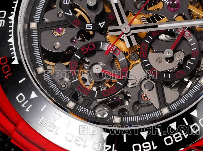 顶级复刻手表TW厂劳力士迪通拿黑盘红壳黑色尼龙表带正面实拍图