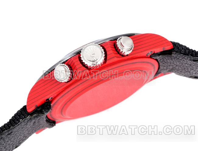 顶级复刻手表TW厂劳力士迪通拿黑盘红壳黑色尼龙表带侧面实拍图
