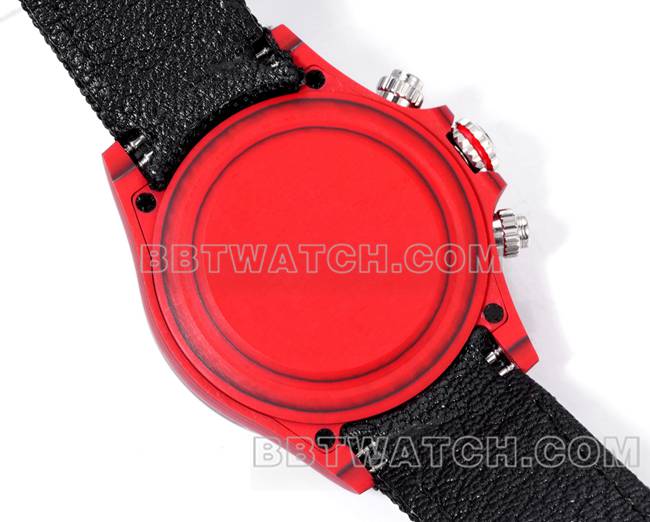 顶级复刻手表TW厂劳力士迪通拿黑盘红壳黑色尼龙表带背面实拍图