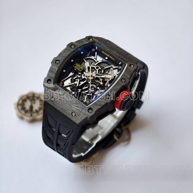 Beste Replik Uhren RM35-02 UMI Fabrik Richard Mille schwarzes Gehäuse schwarzer Gürtel vorne echtes Bild