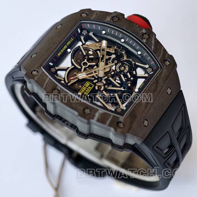 Beste Replik Uhren RM35-02 UMI Fabrik Richard Mille schwarzes Gehäuse schwarzer Gürtel vorne echtes Bild