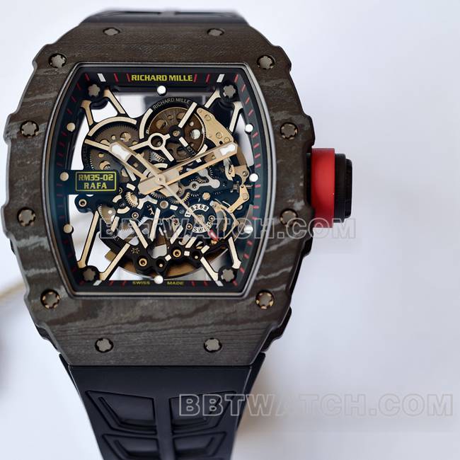 Beste Replik Uhren RM35-02 UMI Fabrik Richard Mille schwarzes Gehäuse schwarzer Gürtel vorne echtes Bild