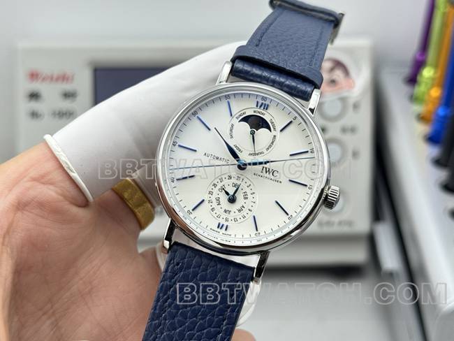 超级克隆手表柏涛菲诺GR厂万国白盘蓝针蓝色皮带款正面实拍图