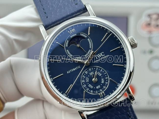 顶级复刻手表柏涛菲诺GR厂万国蓝盘蓝色皮带款正面实拍图