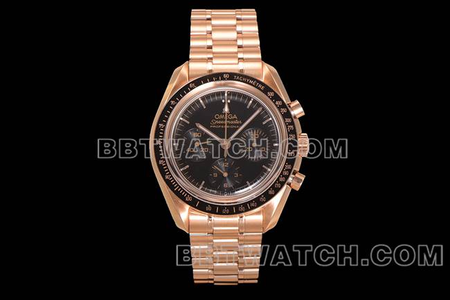 顶级复刻手表超霸N1厂欧米茄黑盘玫瑰金钢带款正面实拍图