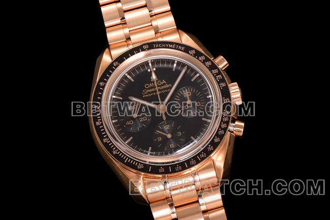顶级复刻手表超霸N1厂欧米茄黑盘玫瑰金钢带款正面实拍图