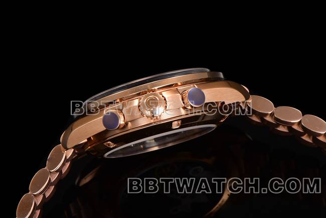 顶级复刻手表超霸N1厂欧米茄黑盘玫瑰金钢带款侧面实拍图