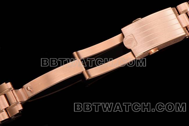 顶级复刻手表超霸N1厂欧米茄黑盘玫瑰金钢带款表扣实拍图