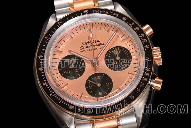 Les meilleures répliques de montres Speedmaster N1 usine Omega disque en or rose intermédiaire or acier modèles avant photo réelle