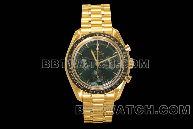 1:1复刻手表N1厂超霸欧米茄绿盘黄金钢带款正面实拍图