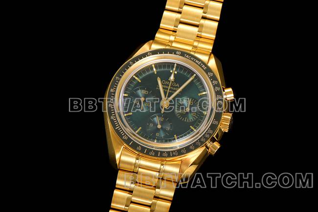 1:1复刻手表N1厂超霸欧米茄绿盘黄金钢带款正面实拍图