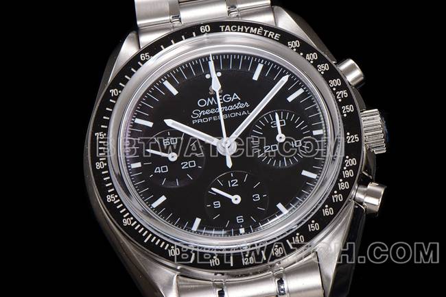 最佳复刻手表N1厂超霸欧米茄黑盘钢带款正面实拍图