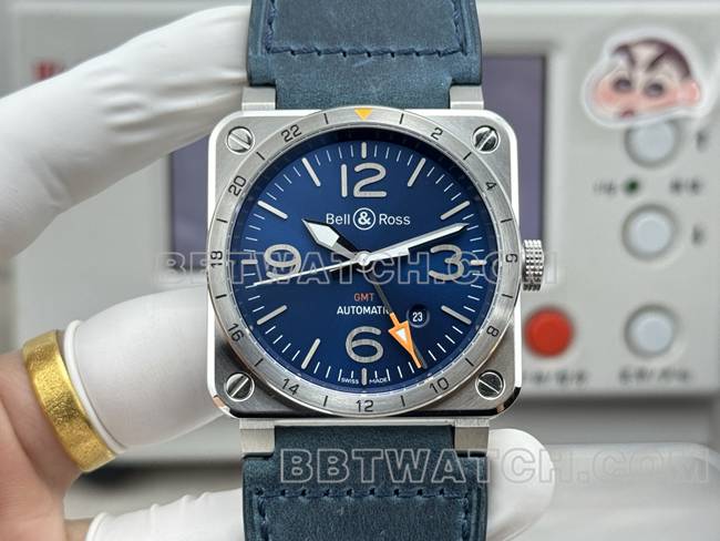 顶级复刻手表柏莱仕蓝盘42mm双时区皮带款正面实拍图