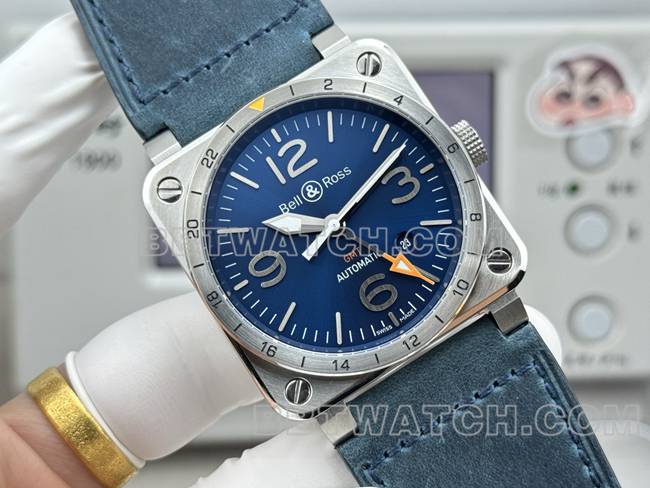 顶级复刻手表柏莱仕蓝盘42mm双时区皮带款正面实拍图