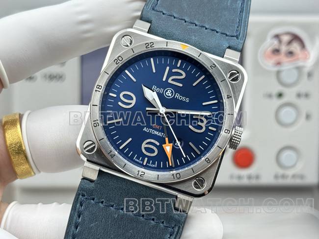 顶级复刻手表柏莱仕蓝盘42mm双时区皮带款正面实拍图