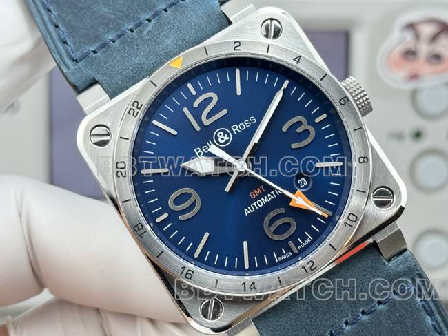 顶级复刻手表柏莱仕蓝盘42mm双时区皮带款正面实拍图