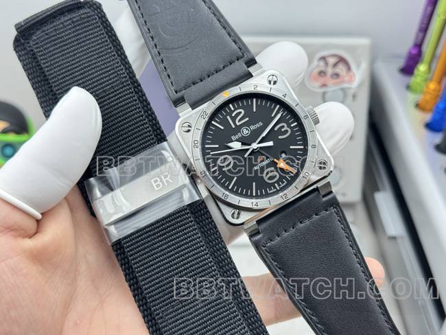 最优复刻手表柏莱仕黑盘42mm双时区皮带款正面实拍图