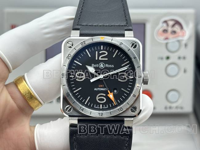 最优复刻手表柏莱仕黑盘42mm双时区皮带款正面实拍图