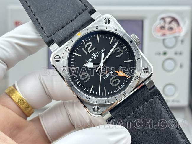 最优复刻手表柏莱仕黑盘42mm双时区皮带款正面实拍图