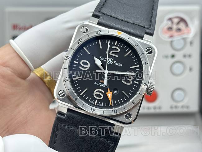 最优复刻手表柏莱仕黑盘42mm双时区皮带款正面实拍图