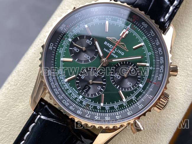 超级克隆手表航空计时BLS厂百年灵玫瑰金绿盘皮带款正面实拍图