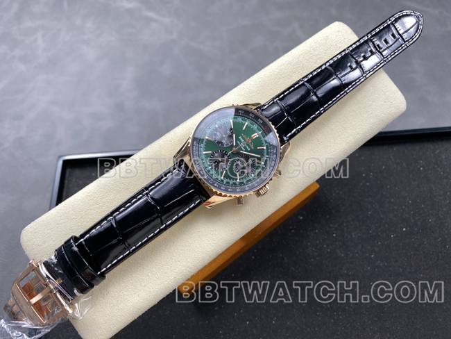 超级克隆手表航空计时BLS厂百年灵玫瑰金绿盘皮带款正面实拍图