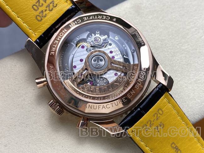 超级克隆手表航空计时BLS厂百年灵玫瑰金绿盘皮带款背面实拍图