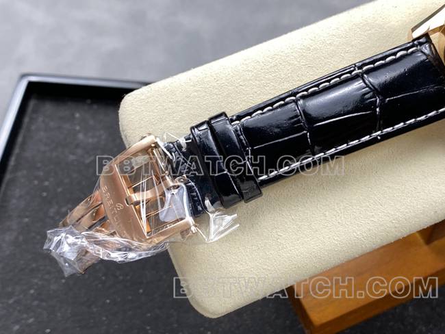 超级克隆手表航空计时BLS厂百年灵玫瑰金绿盘皮带款表扣实拍图