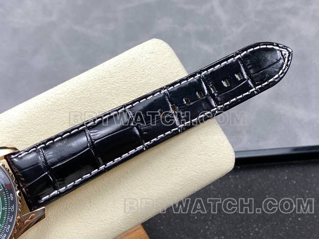 超级克隆手表航空计时BLS厂百年灵玫瑰金绿盘皮带款表带实拍图