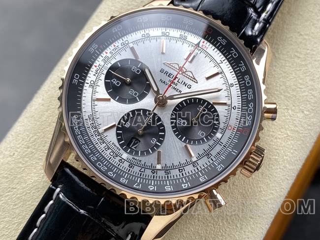 最佳复刻手表航空计时BLS厂百年灵玫瑰金银灰盘皮带款正面实拍图