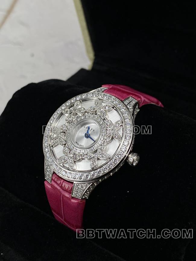 顶级复刻手表格拉芙VCA厂蓝宝石钻石33mm石英机芯正面实拍图