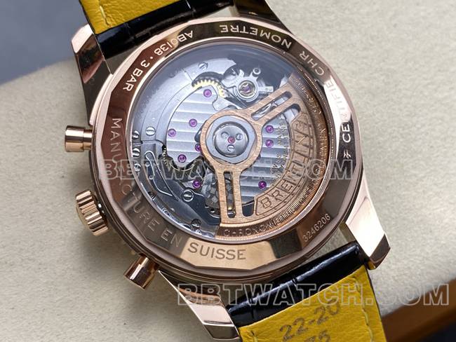 最佳复刻手表航空计时BLS厂百年灵玫瑰金银灰盘皮带款背面实拍图