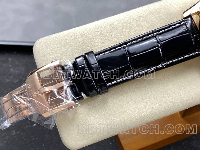 最佳复刻手表航空计时BLS厂百年灵玫瑰金银灰盘皮带款表扣实拍图