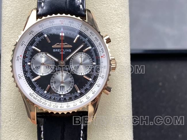 顶级复刻手表BLS厂百年灵航空计时玫瑰金黑盘皮带款正面实拍图