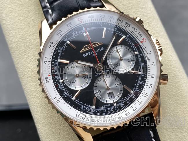 顶级复刻手表BLS厂百年灵航空计时玫瑰金黑盘皮带款正面实拍图