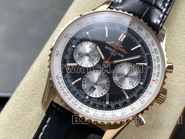 顶级复刻手表BLS厂百年灵航空计时玫瑰金黑盘皮带款正面实拍图