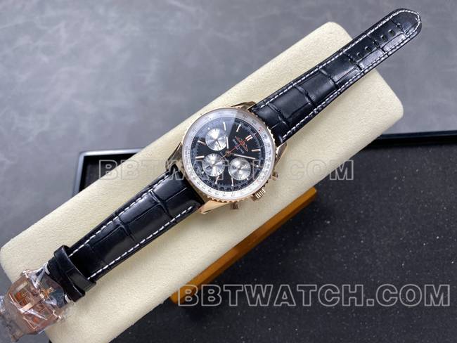 顶级复刻手表BLS厂百年灵航空计时玫瑰金黑盘皮带款正面实拍图