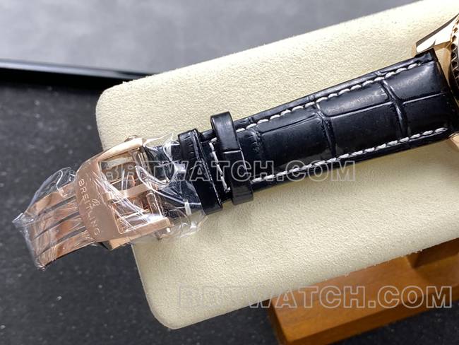 顶级复刻手表BLS厂百年灵航空计时玫瑰金黑盘皮带款表扣实拍图