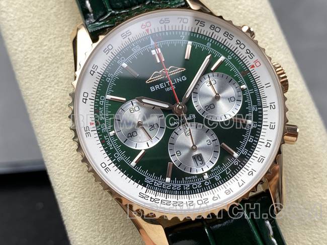 最优复刻手表BLS厂百年灵航空计时玫瑰金绿盘皮带款正面实拍图