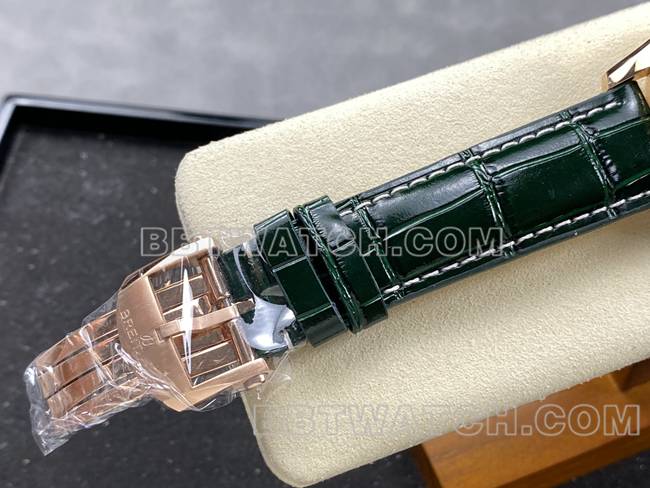 最优复刻手表BLS厂百年灵航空计时玫瑰金绿盘皮带款表扣实拍图