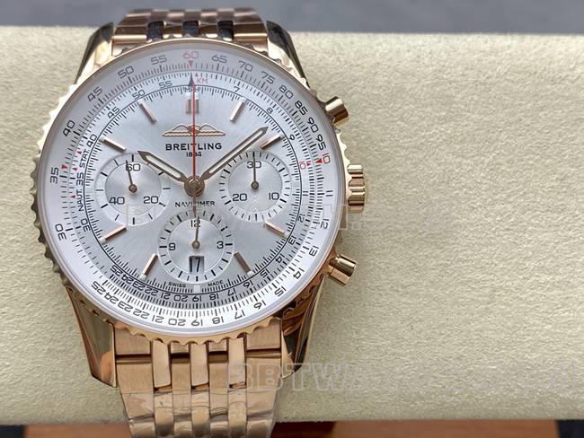 1:1复刻手表BLS厂百年灵航空计时银白盘玫瑰金钢带款正面实拍图