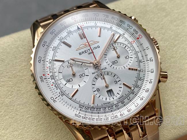 1:1复刻手表BLS厂百年灵航空计时银白盘玫瑰金钢带款正面实拍图