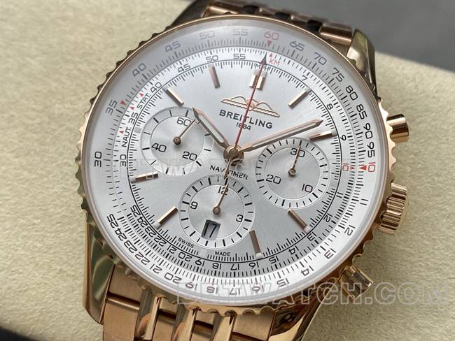1:1复刻手表BLS厂百年灵航空计时银白盘玫瑰金钢带款正面实拍图
