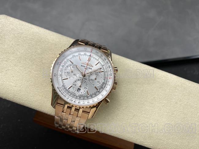 1:1复刻手表BLS厂百年灵航空计时银白盘玫瑰金钢带款正面实拍图