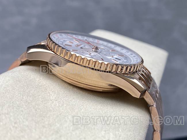 1:1复刻手表BLS厂百年灵航空计时银白盘玫瑰金钢带款侧面实拍图